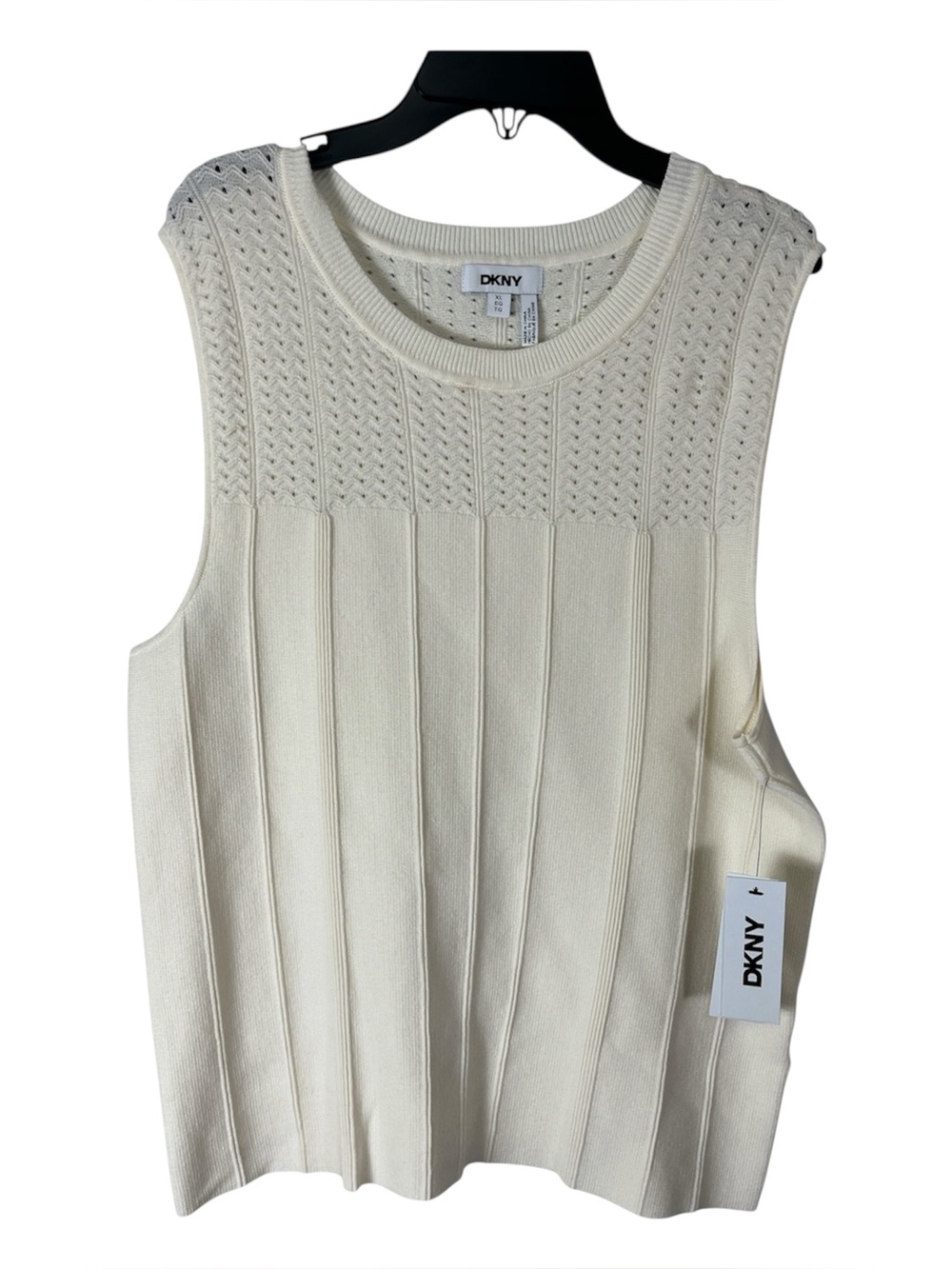 NWT DKNY Ivory Sleeveless Pointelle Ribbed Knit Sweater Vest Top XL MSRP 69